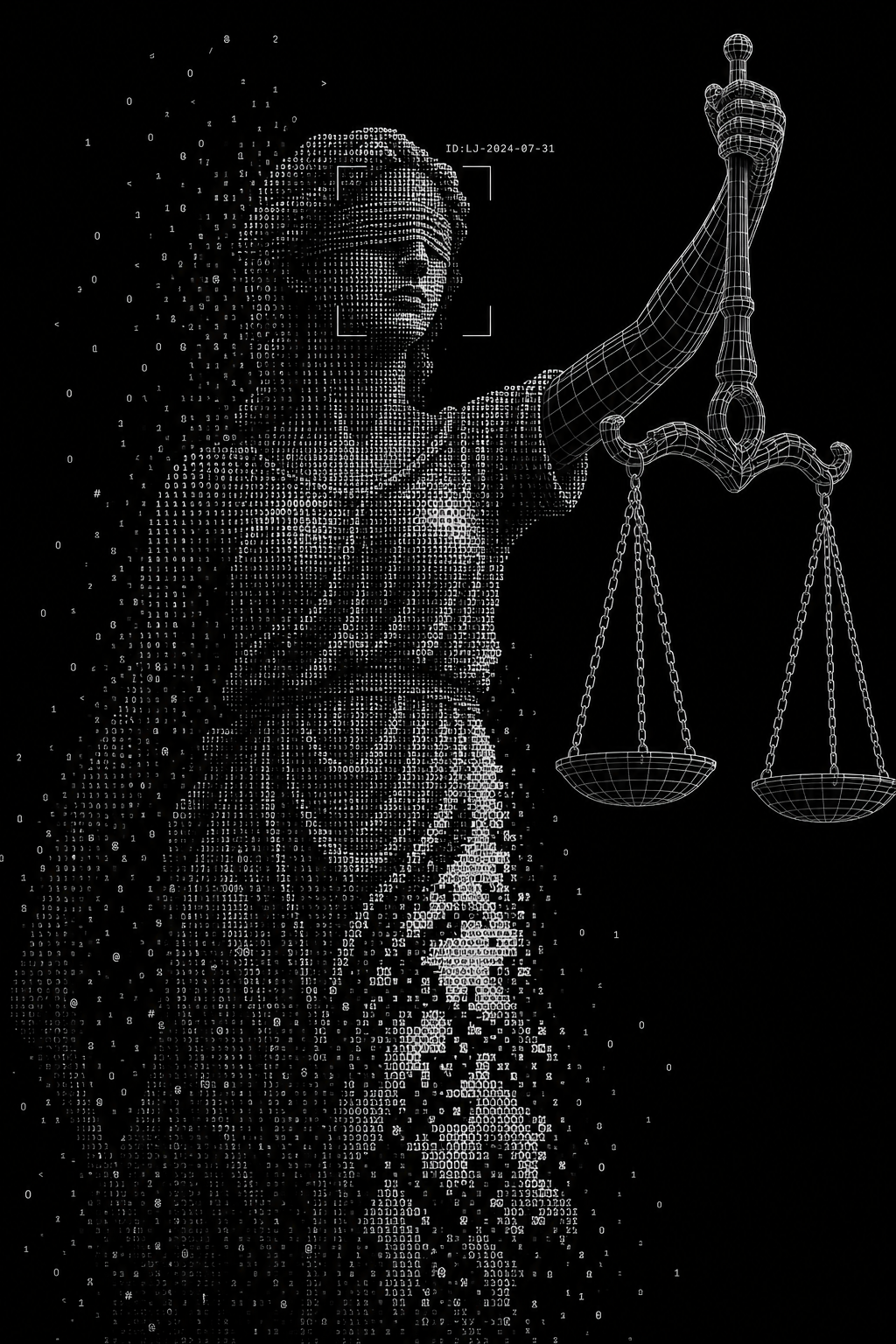 Justicia — Cuerpo de Código Estatua de la Justicia formada por código binario y ASCII